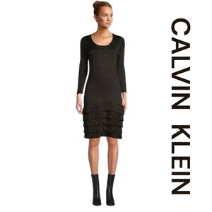 CALVIN KLEIN Midi Fringe Dress, Sweater Material, 3/4 Length Sleeves, Size L.